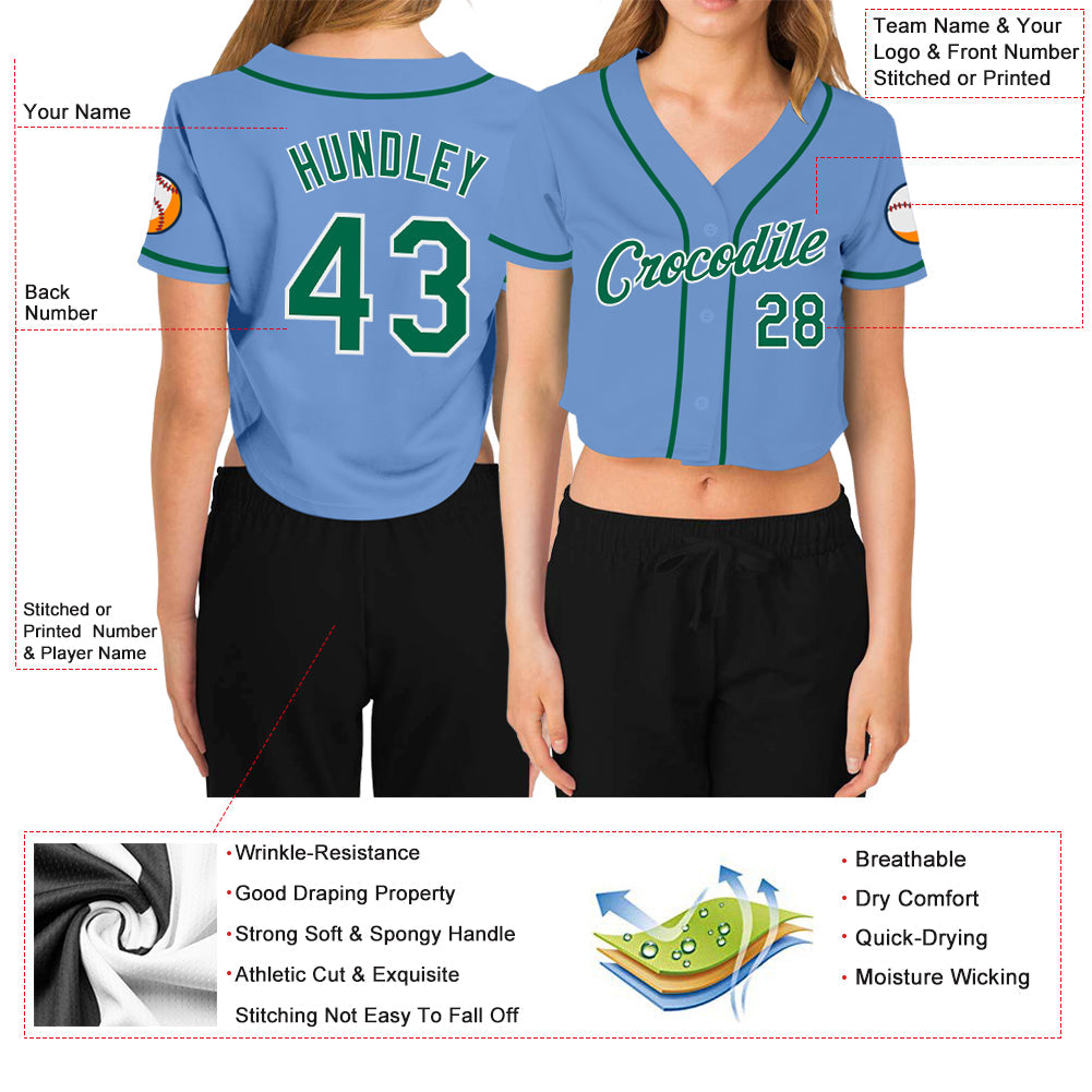 Custom Women's Light Blue Kelly Green-White V-Neck Cropped Baseball Jersey view 3