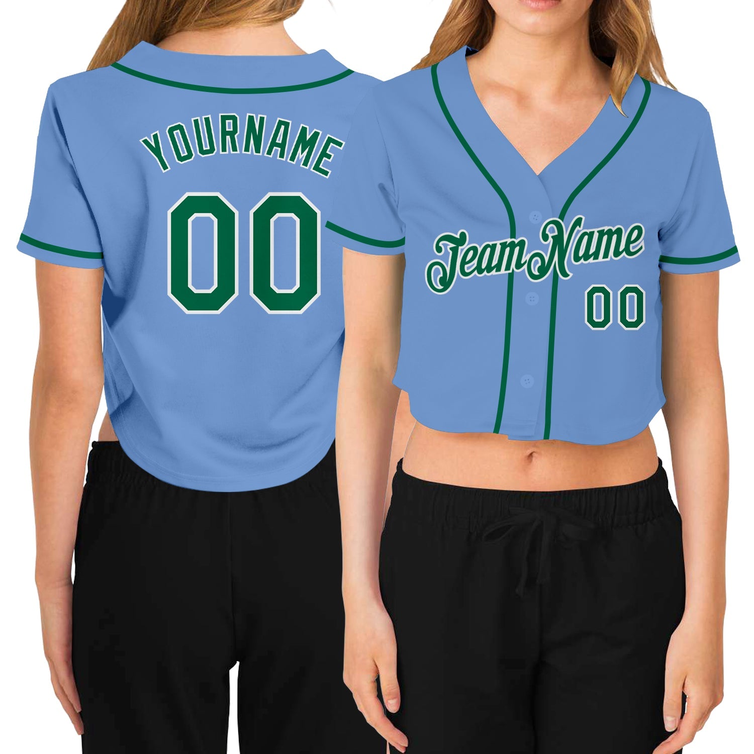 Custom Women's Light Blue Kelly Green-White V-Neck Cropped Baseball Jersey - Main View