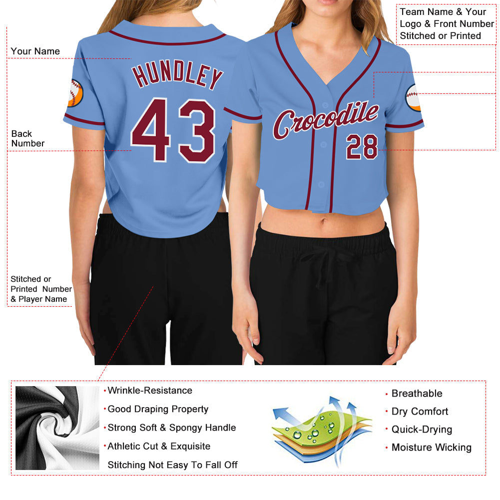 Custom Women's Light Blue Crimson-White V-Neck Cropped Baseball Jersey view 3