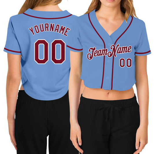 Custom Women's Light Blue Crimson-White V-Neck Cropped Baseball Jersey - Main View