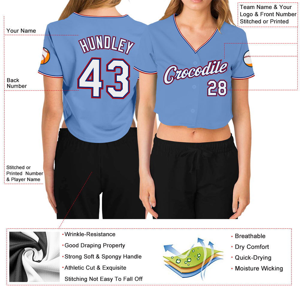 Custom Women's Light Blue White Royal-Red V-Neck Cropped Baseball Jersey view 4
