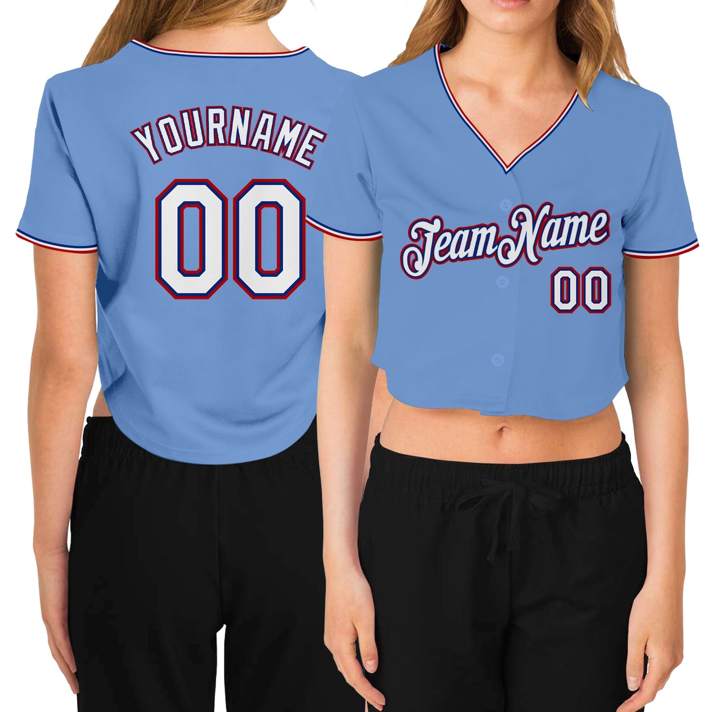 Custom Women's Light Blue White Royal-Red V-Neck Cropped Baseball Jersey - Main View