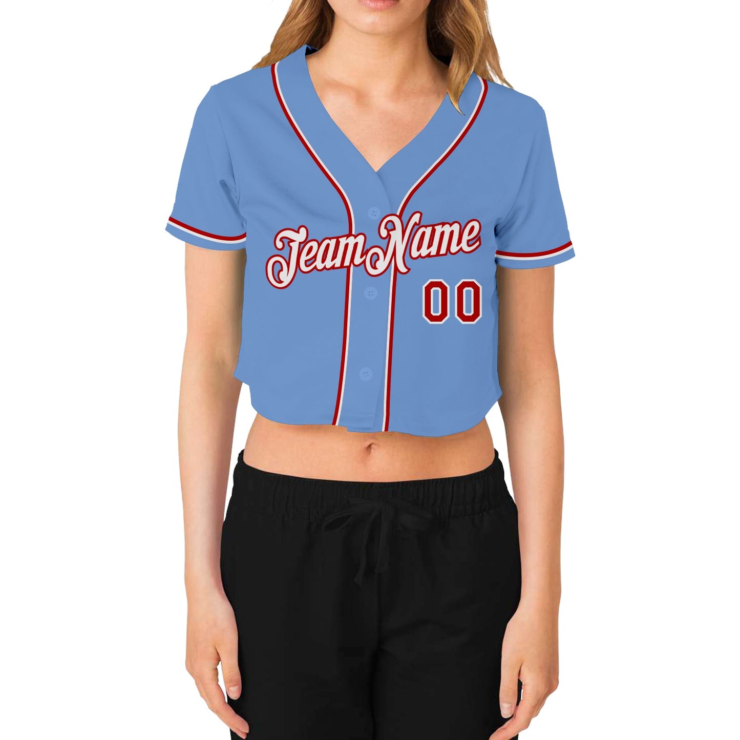 Custom Women's Light Blue White-Red V-Neck Cropped Baseball Jersey view 2
