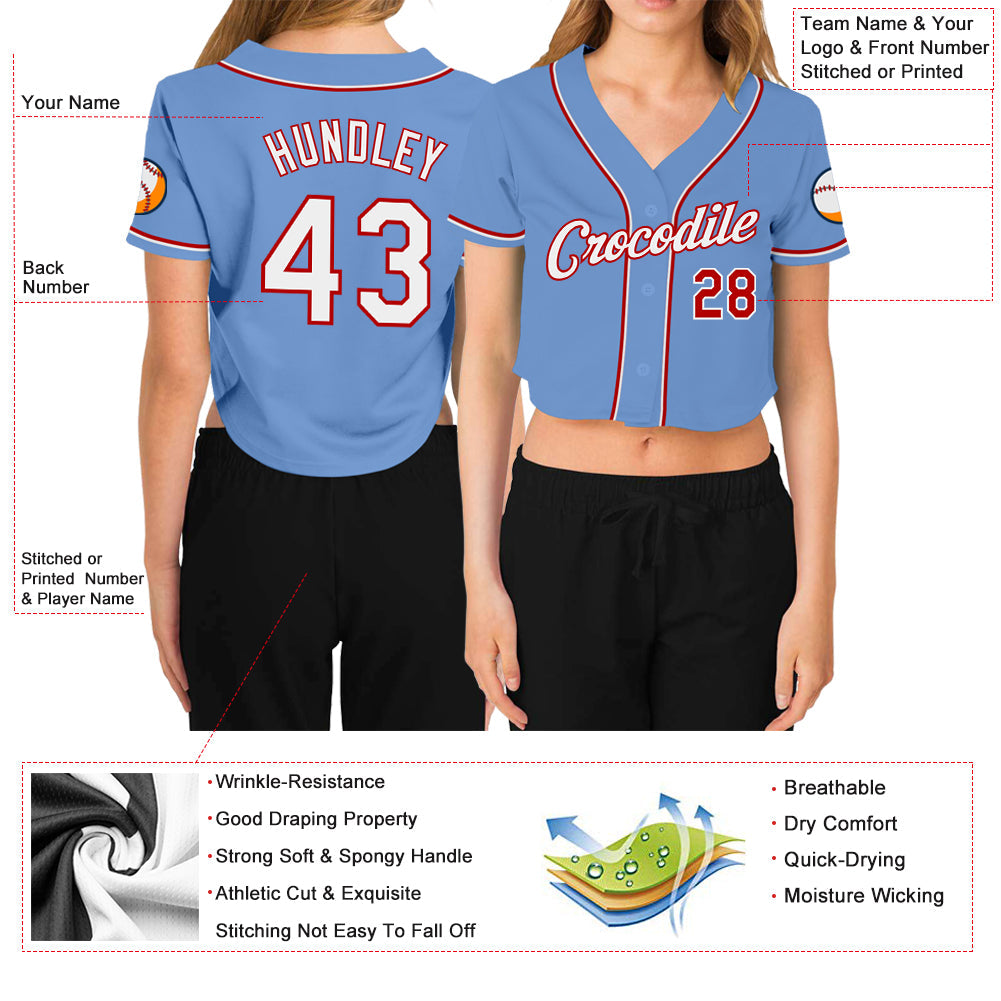 Custom Women's Light Blue White-Red V-Neck Cropped Baseball Jersey view 3