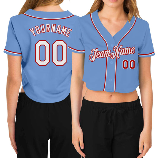 Custom Women's Light Blue White-Red V-Neck Cropped Baseball Jersey - Main View
