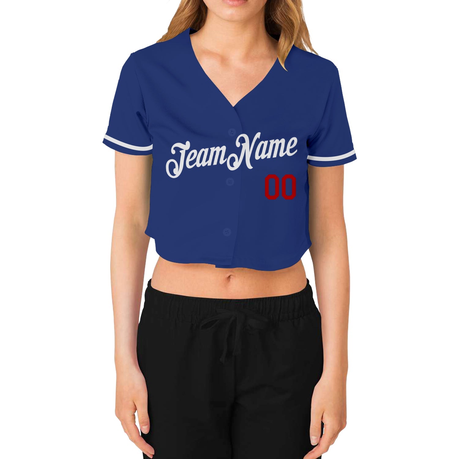 Custom Women's Royal White-Red V-Neck Cropped Baseball Jersey view 2
