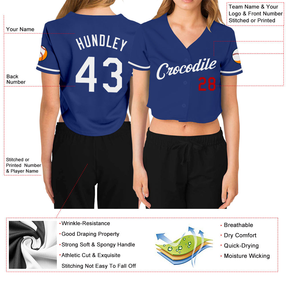 Custom Women's Royal White-Red V-Neck Cropped Baseball Jersey view 3