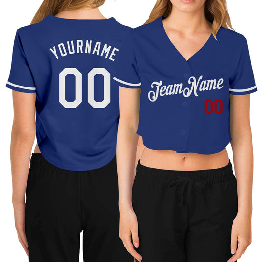 Custom Women's Royal White-Red V-Neck Cropped Baseball Jersey - Main View