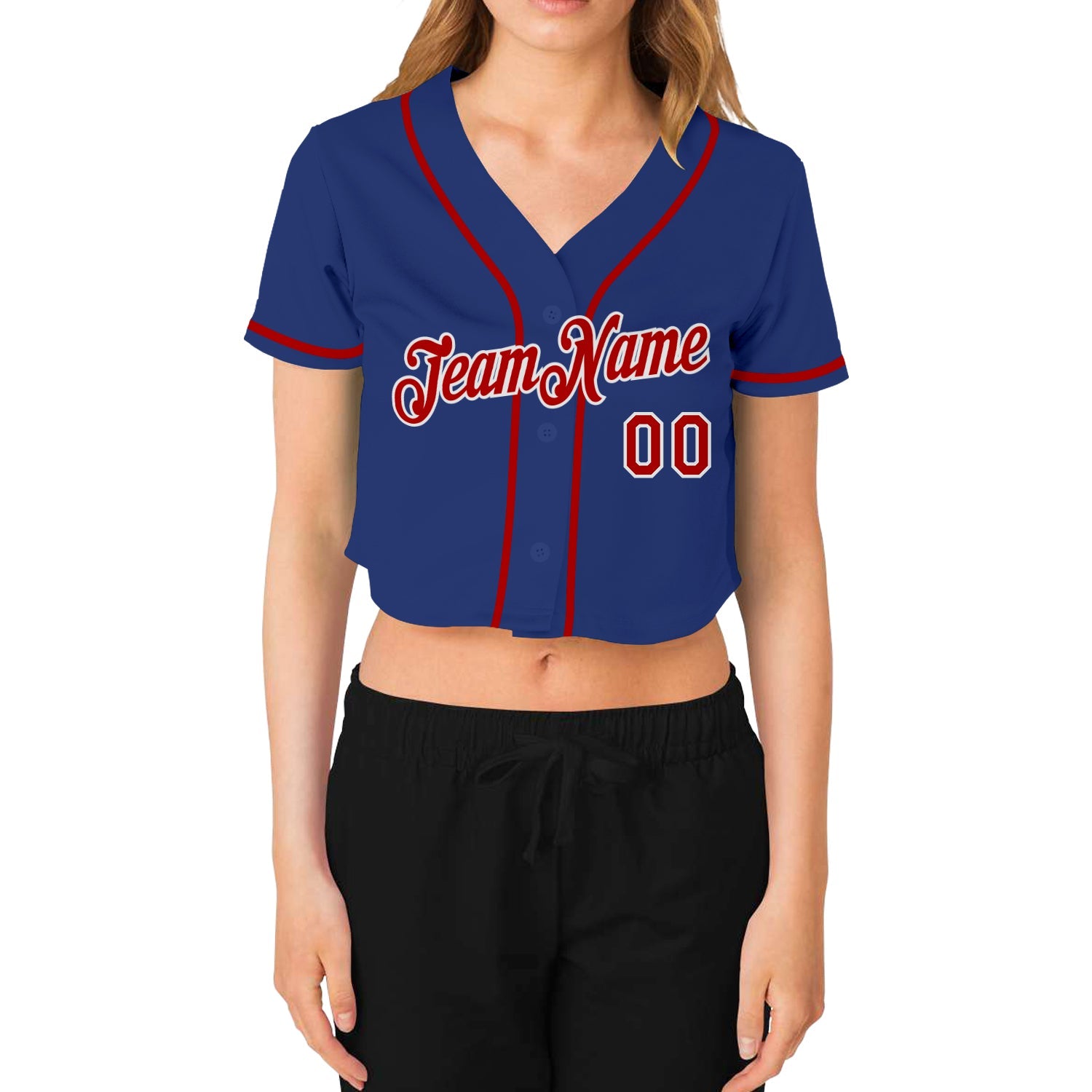 Custom Women's Royal Red-White V-Neck Cropped Baseball Jersey view 2