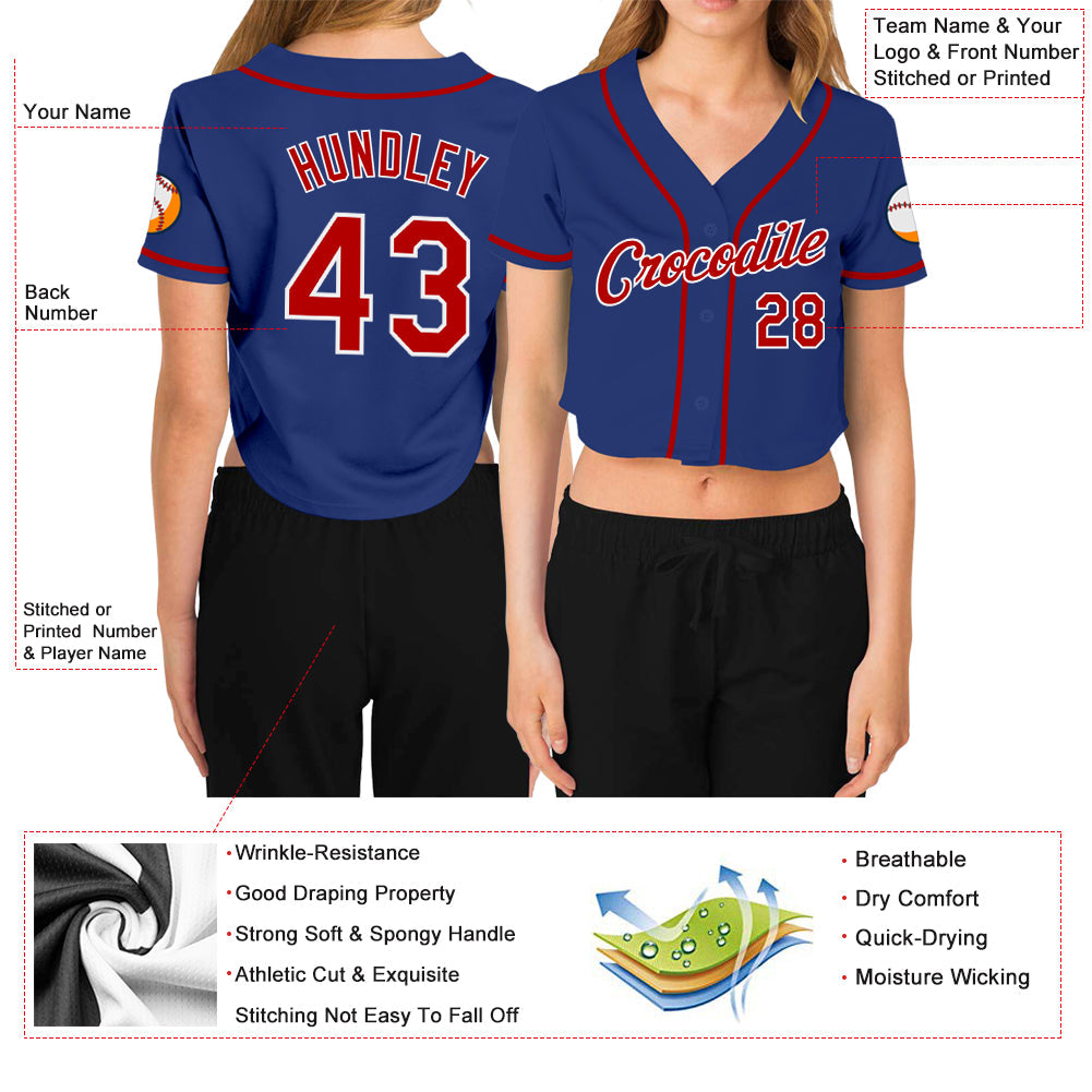 Custom Women's Royal Red-White V-Neck Cropped Baseball Jersey view 3