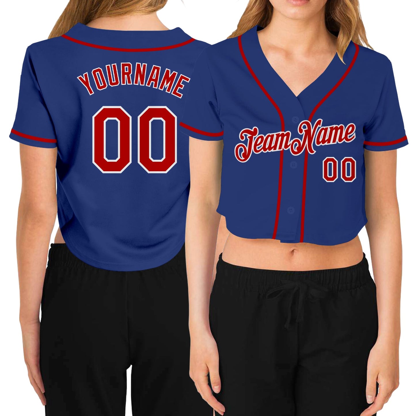 Custom Women's Royal Red-White V-Neck Cropped Baseball Jersey - Main View