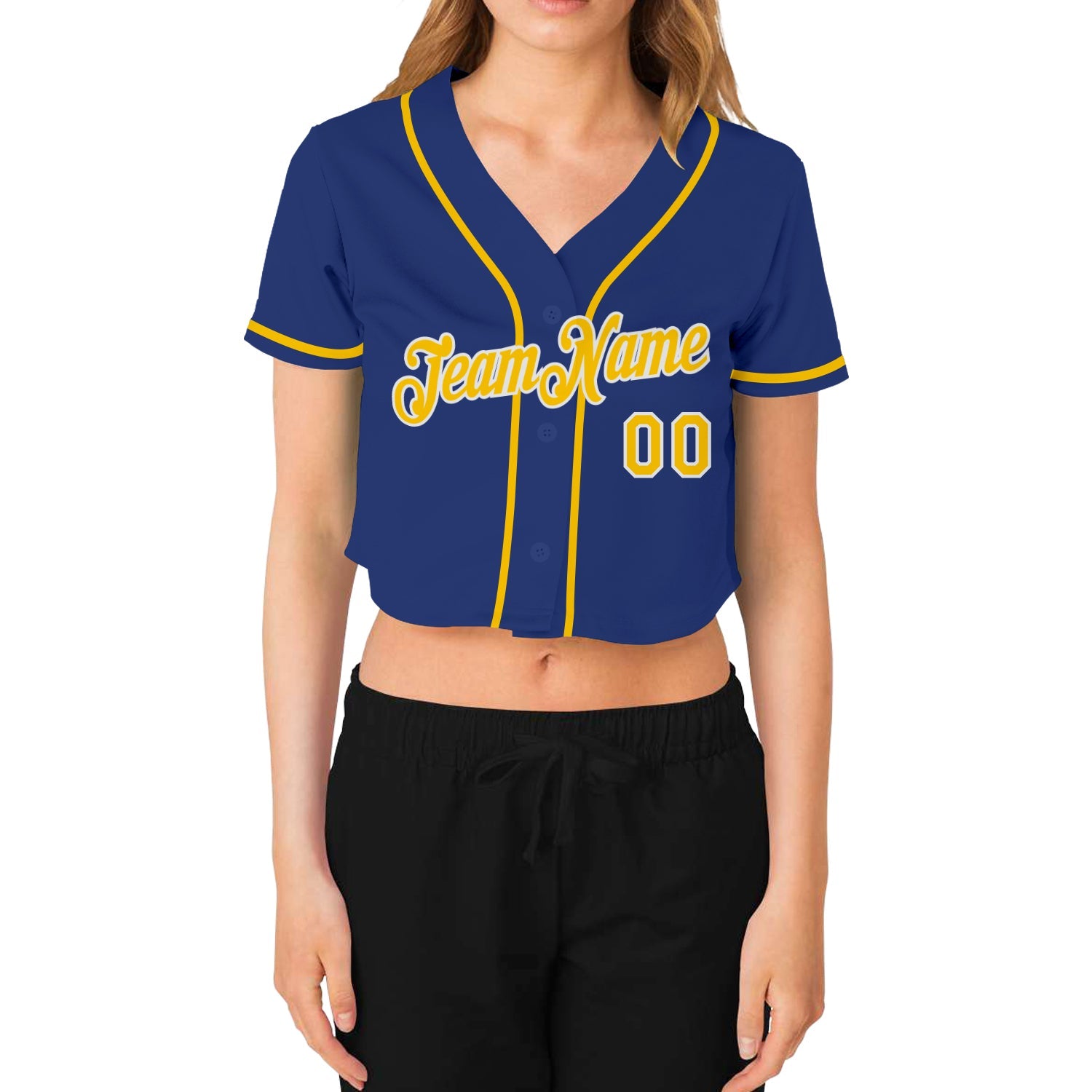 Custom Women's Royal Gold-White V-Neck Cropped Baseball Jersey view 2
