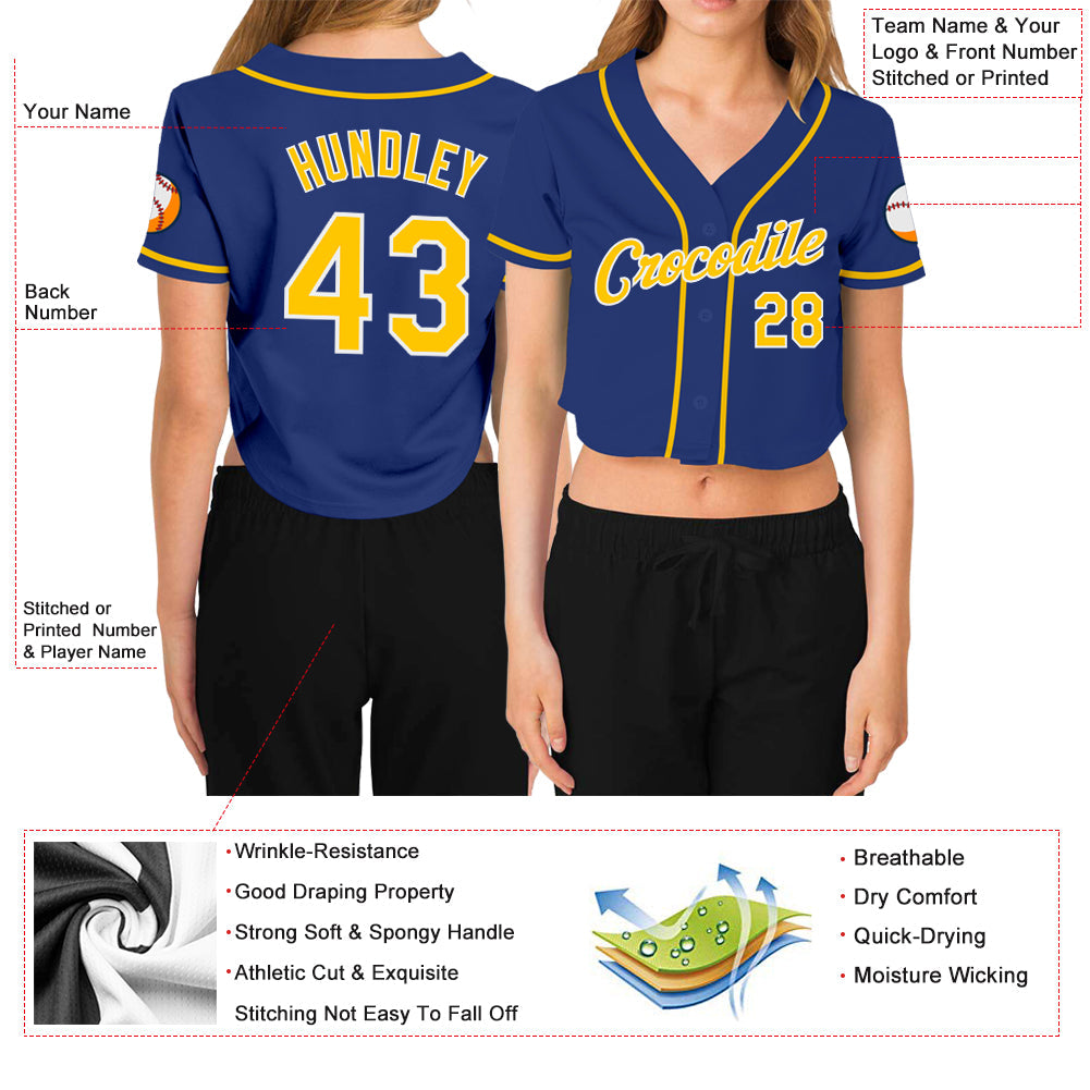 Custom Women's Royal Gold-White V-Neck Cropped Baseball Jersey view 3