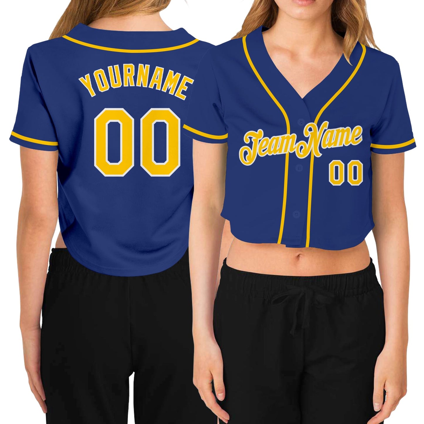 Custom Women's Royal Gold-White V-Neck Cropped Baseball Jersey - Main View