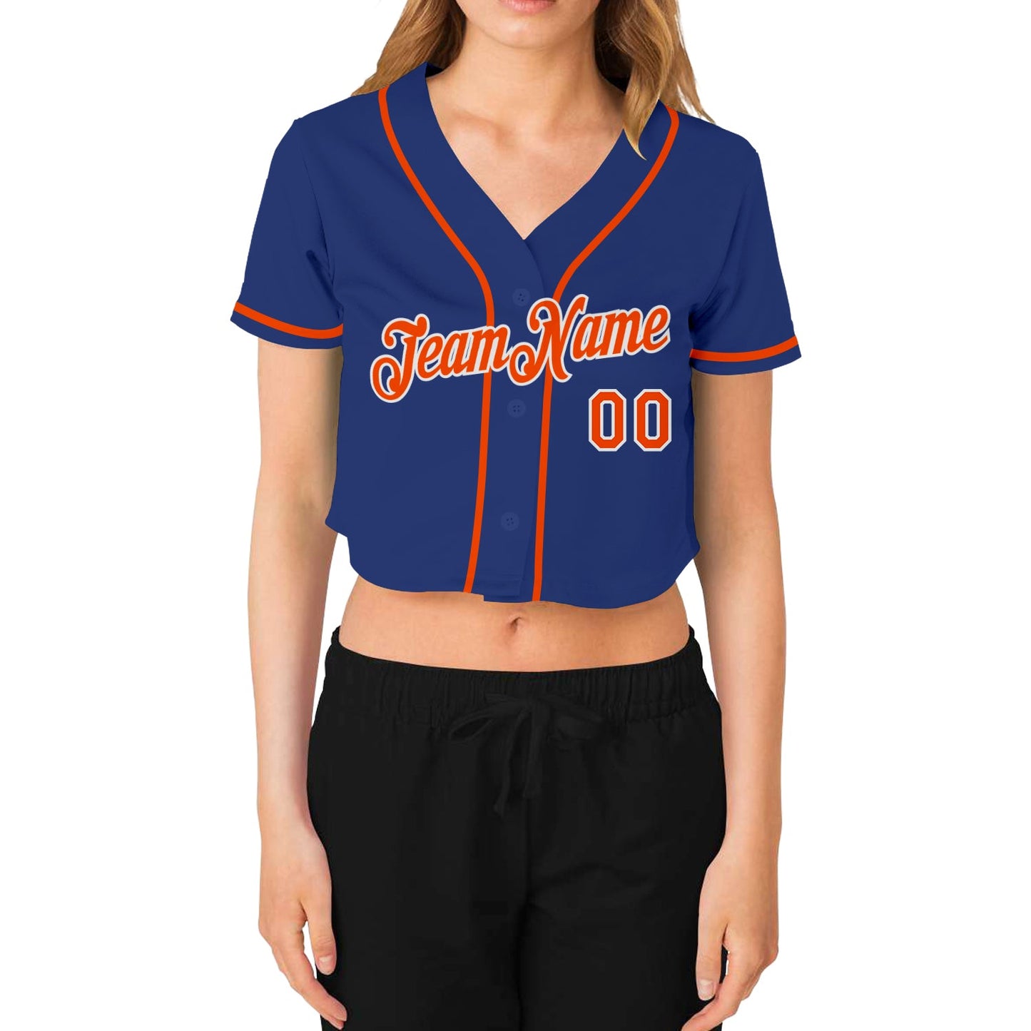 Custom Women's Royal Orange-White V-Neck Cropped Baseball Jersey view 2