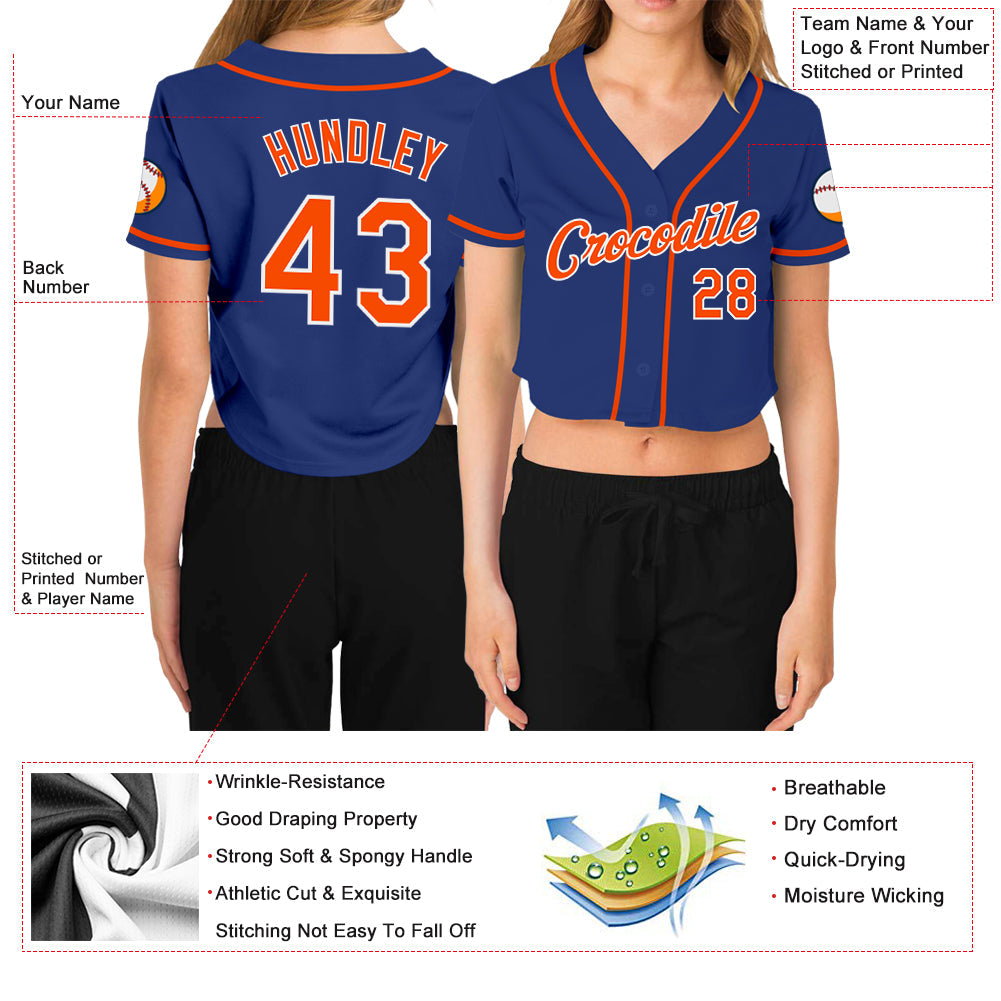 Custom Women's Royal Orange-White V-Neck Cropped Baseball Jersey view 3