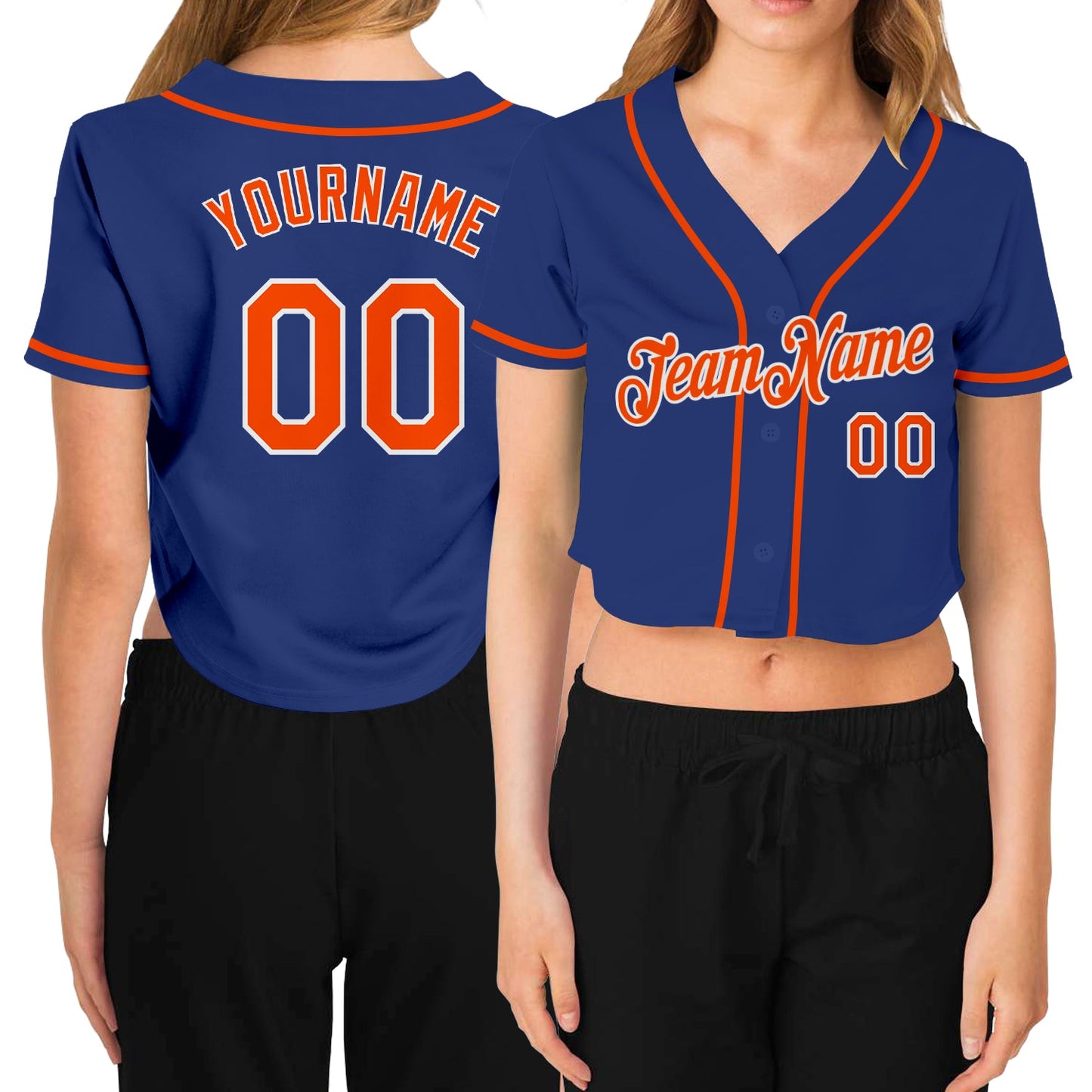 Custom Women's Royal Orange-White V-Neck Cropped Baseball Jersey - Main View