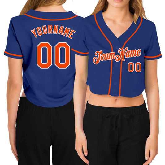 Custom Women's Royal Orange-White V-Neck Cropped Baseball Jersey - Main View
