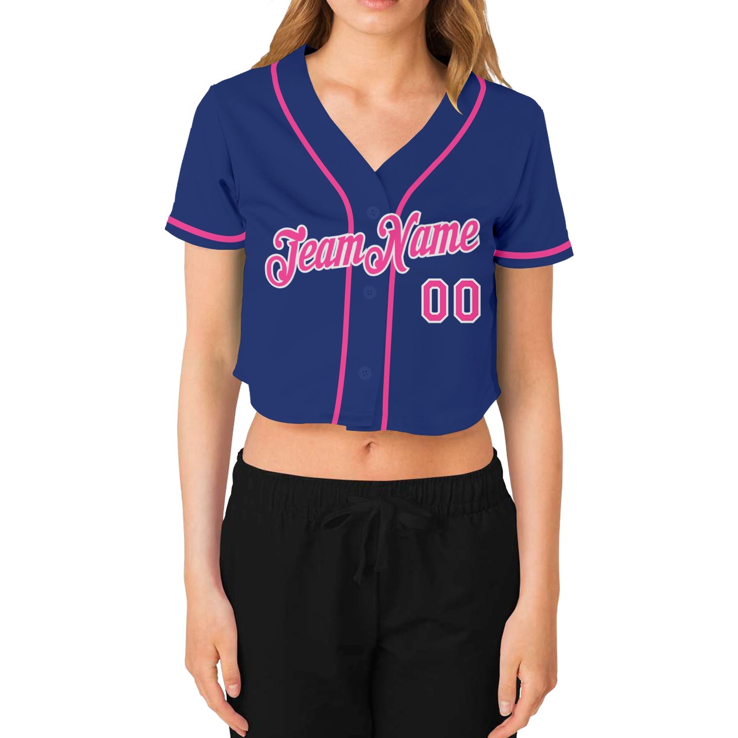 Custom Women's Royal Pink-White V-Neck Cropped Baseball Jersey view 2