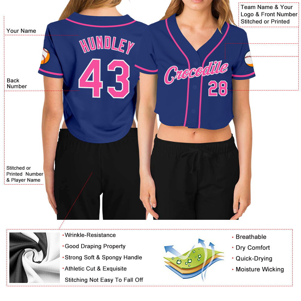 Custom Women's Royal Pink-White V-Neck Cropped Baseball Jersey view 3