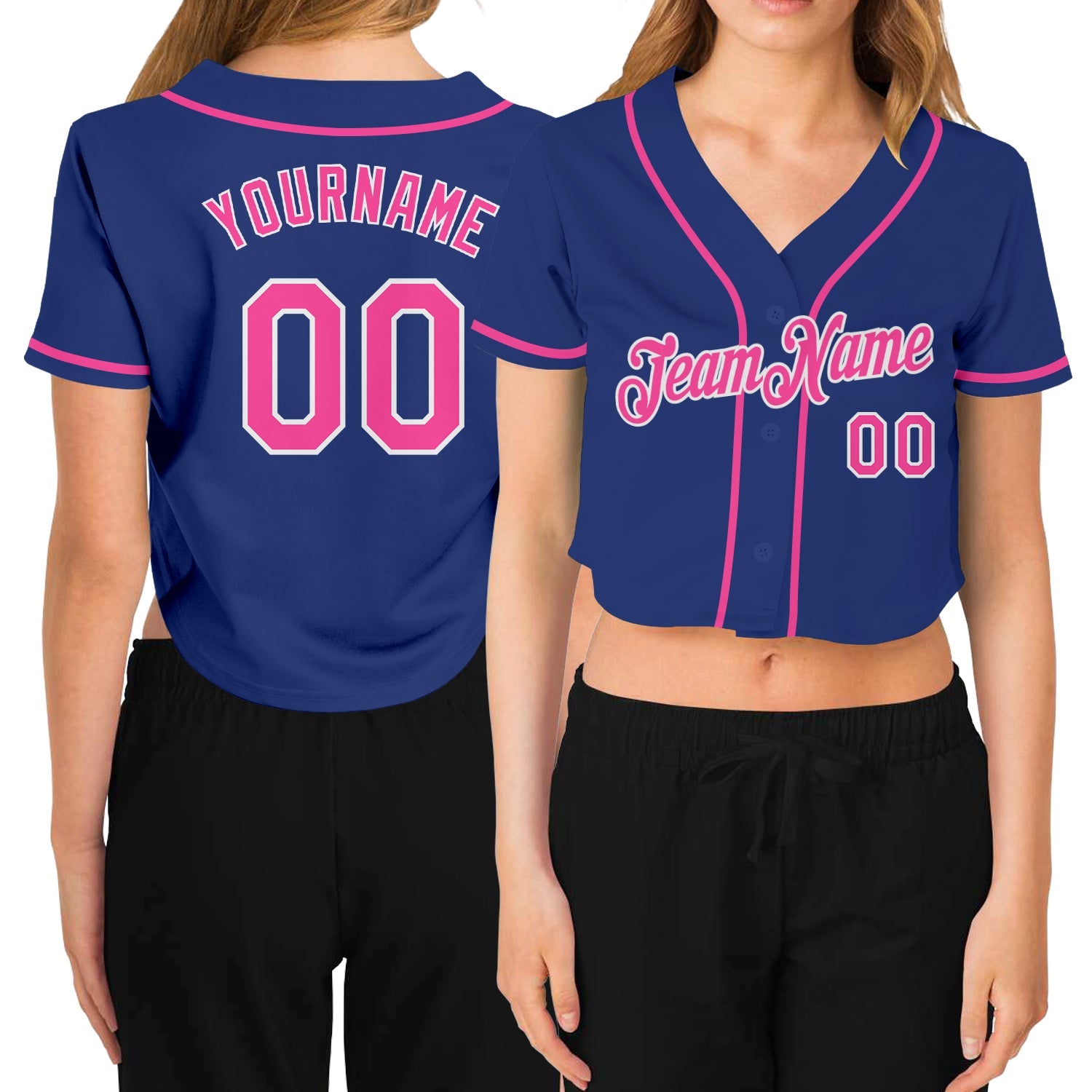 Custom Women's Royal Pink-White V-Neck Cropped Baseball Jersey - Main View