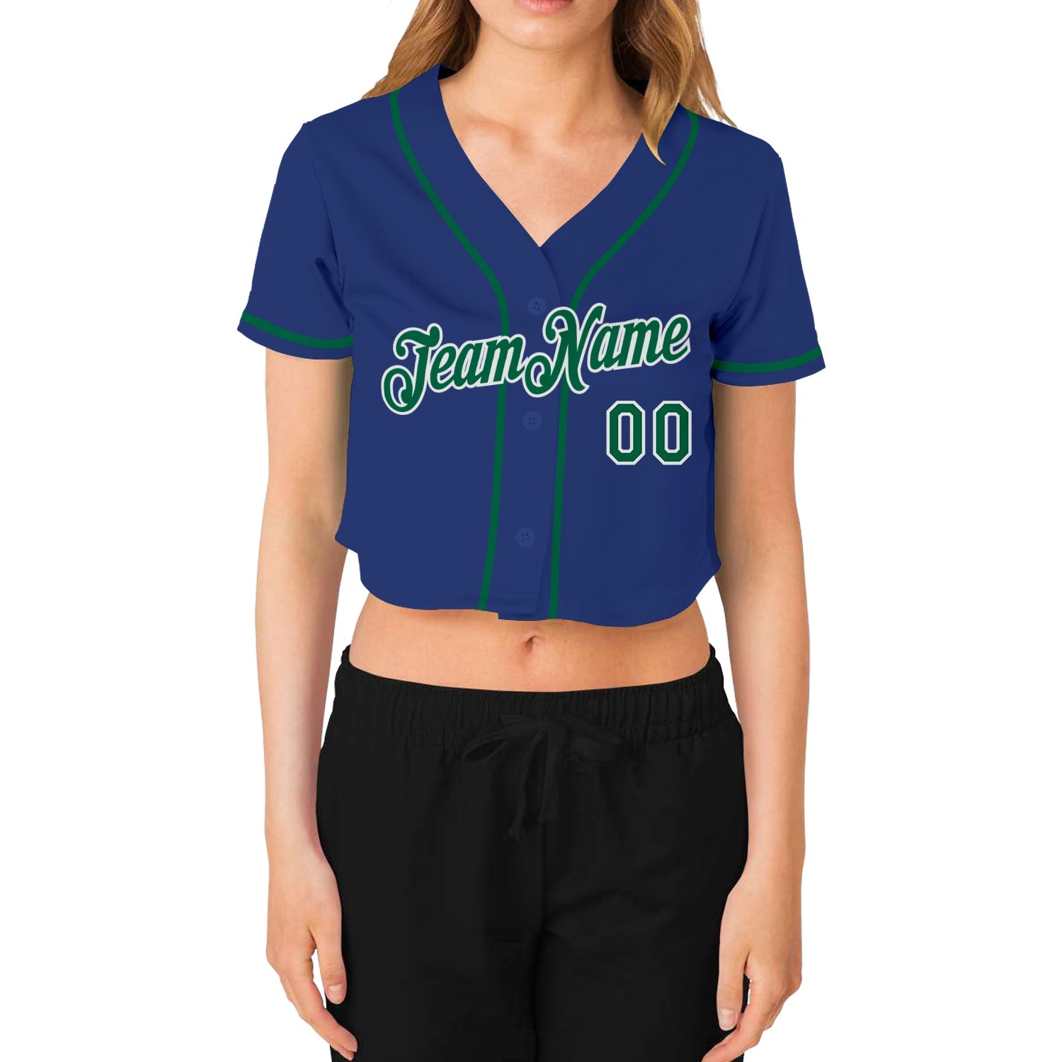 Custom Women's Royal Kelly Green-White V-Neck Cropped Baseball Jersey view 2