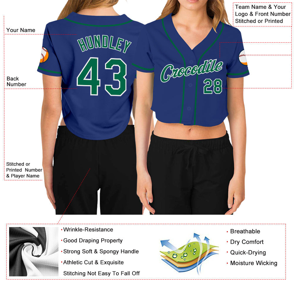 Custom Women's Royal Kelly Green-White V-Neck Cropped Baseball Jersey view 3
