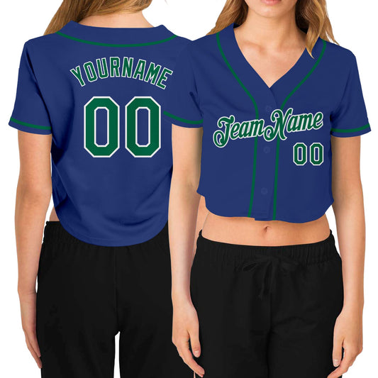 Custom Women's Royal Kelly Green-White V-Neck Cropped Baseball Jersey - Main View