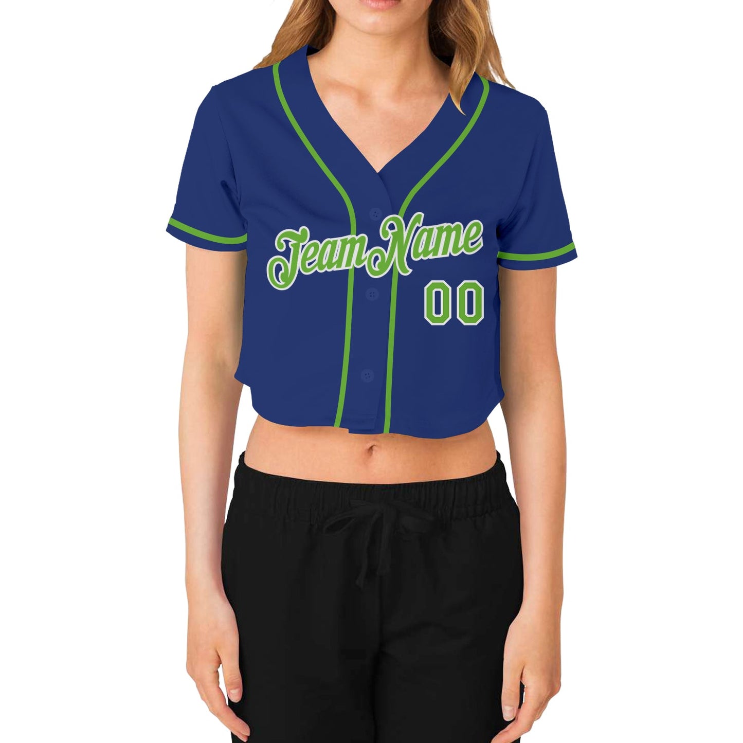 Custom Women's Royal Neon Green-White V-Neck Cropped Baseball Jersey view 2