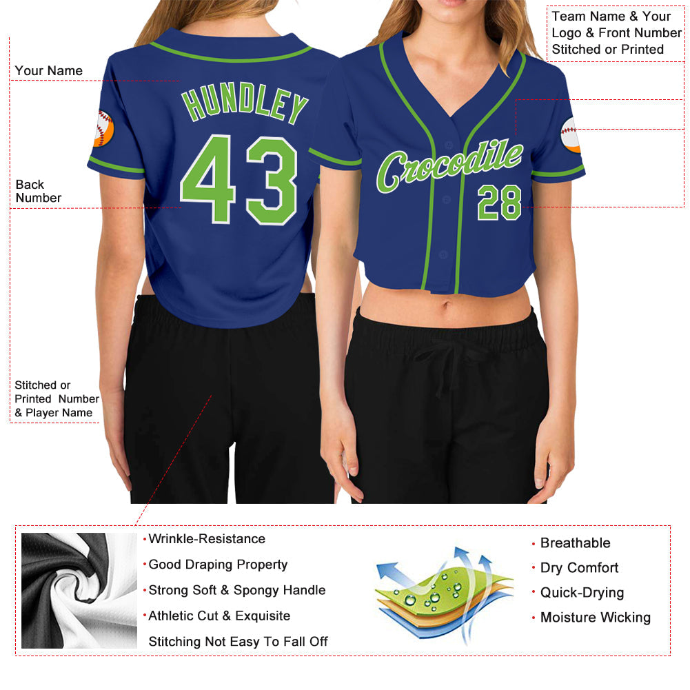 Custom Women's Royal Neon Green-White V-Neck Cropped Baseball Jersey view 3
