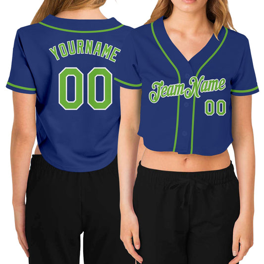 Custom Women's Royal Neon Green-White V-Neck Cropped Baseball Jersey - Main View