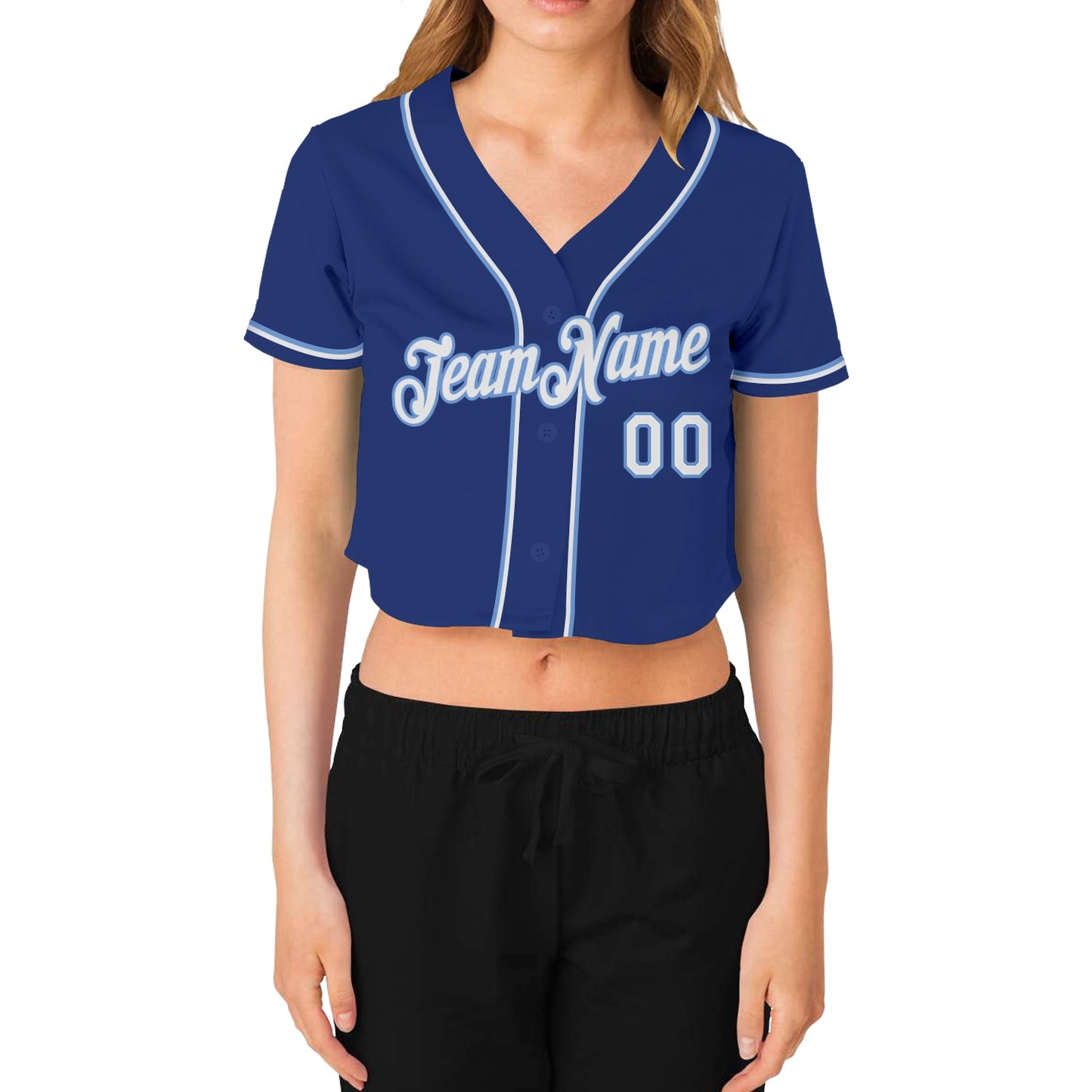 Custom Women's Royal White-Light Blue V-Neck Cropped Baseball Jersey view 2