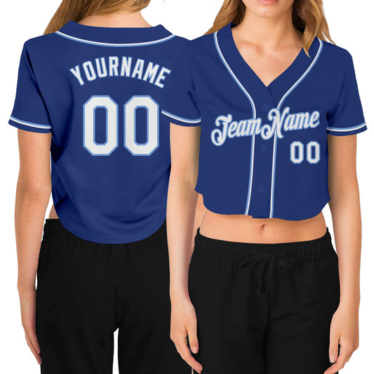 Custom Women's Royal White-Light Blue V-Neck Cropped Baseball Jersey - Main View