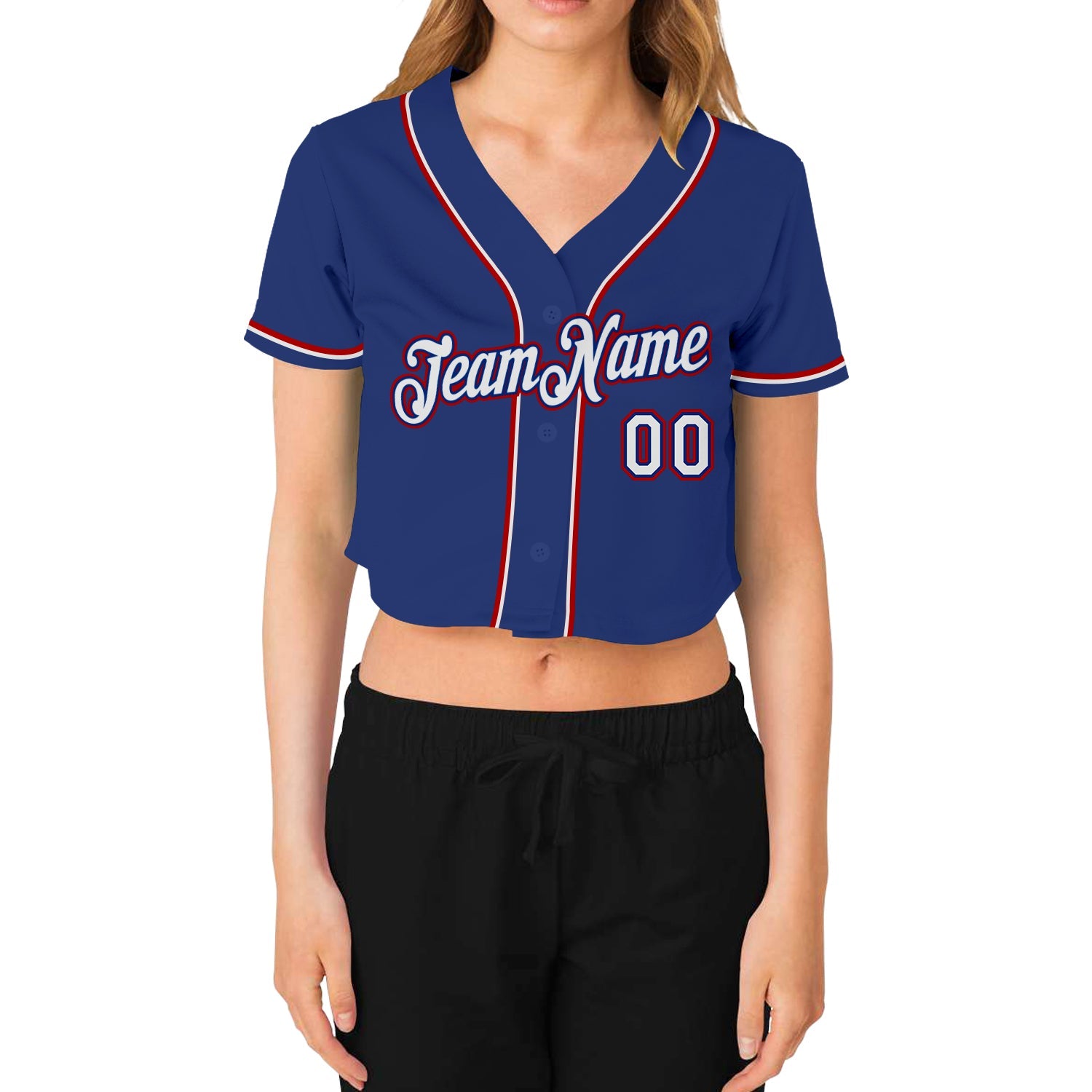 Custom Women's Royal White-Red V-Neck Cropped Baseball Jersey view 2