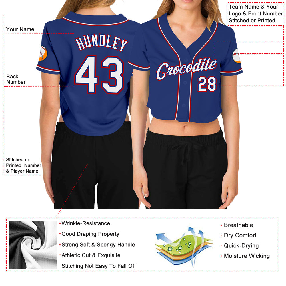 Custom Women's Royal White-Red V-Neck Cropped Baseball Jersey view 3