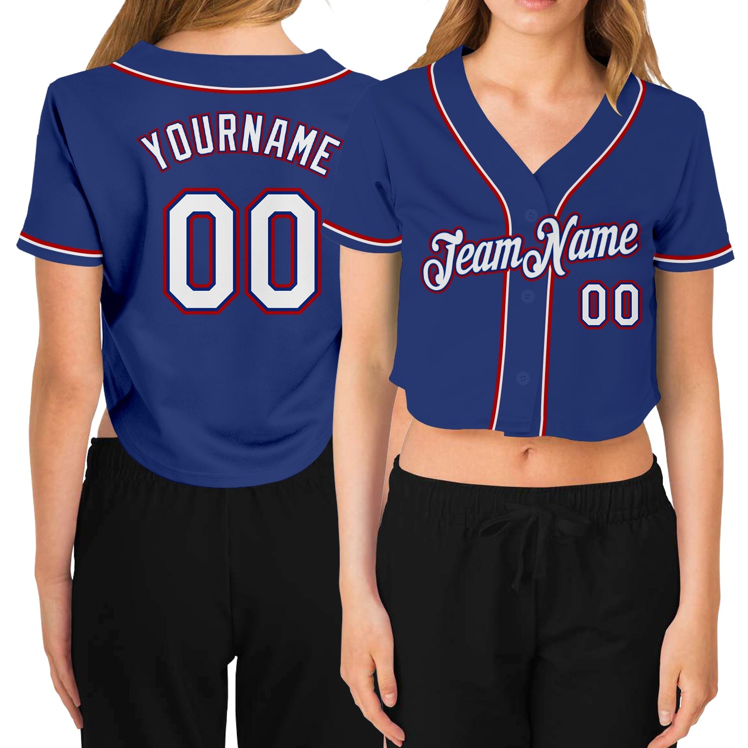 Custom Women's Royal White-Red V-Neck Cropped Baseball Jersey - Main View