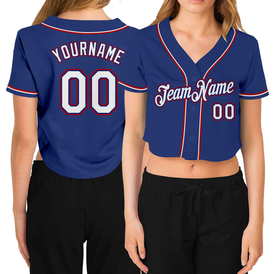 Custom Women's Royal White-Red V-Neck Cropped Baseball Jersey - Main View