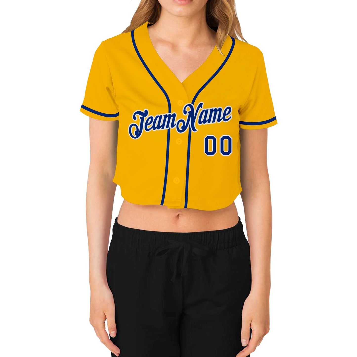 Custom Women's Gold Royal-White V-Neck Cropped Baseball Jersey view 2