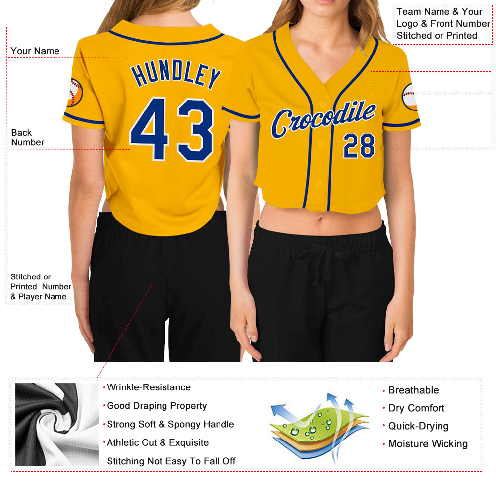 Custom Women's Gold Royal-White V-Neck Cropped Baseball Jersey view 3