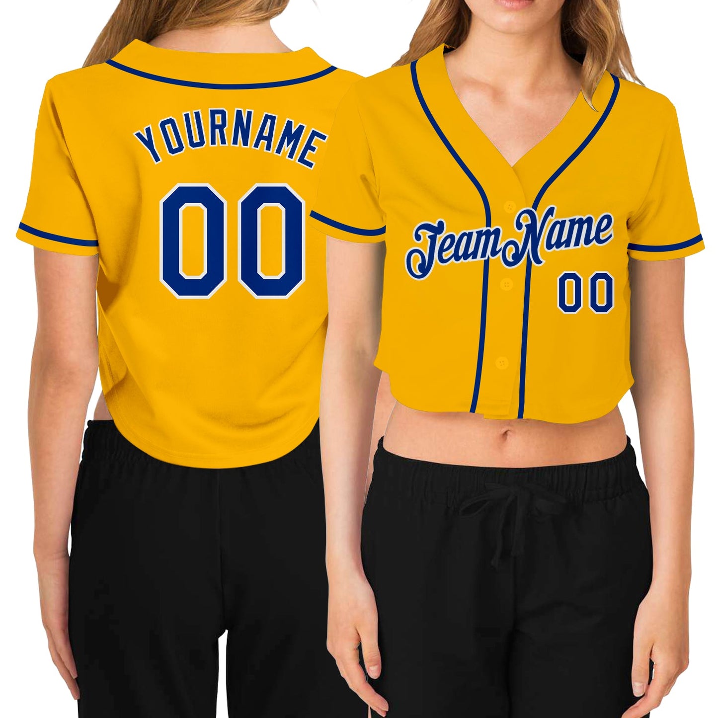 Custom Women's Gold Royal-White V-Neck Cropped Baseball Jersey - Main View
