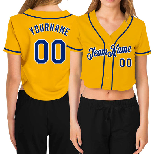 Custom Women's Gold Royal-White V-Neck Cropped Baseball Jersey - Main View