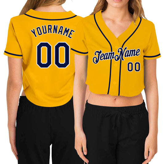 Custom Women's Gold Navy-White V-Neck Cropped Baseball Jersey - Main View