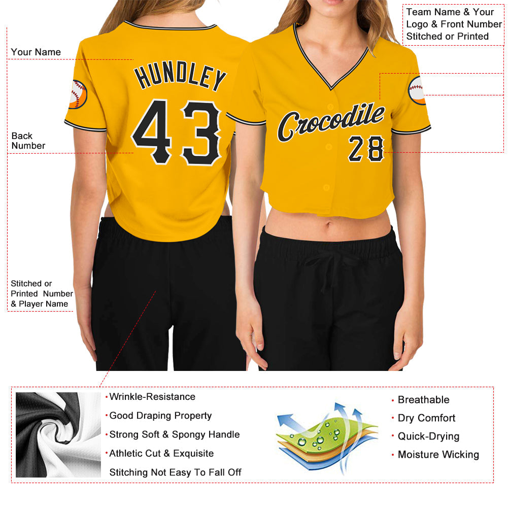 Custom Women's Gold Black-White V-Neck Cropped Baseball Jersey view 3