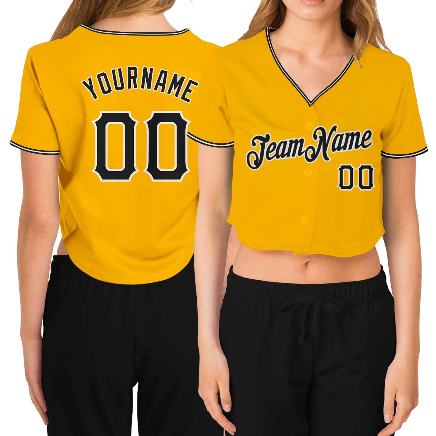 Custom Women's Gold Black-White V-Neck Cropped Baseball Jersey - Main View