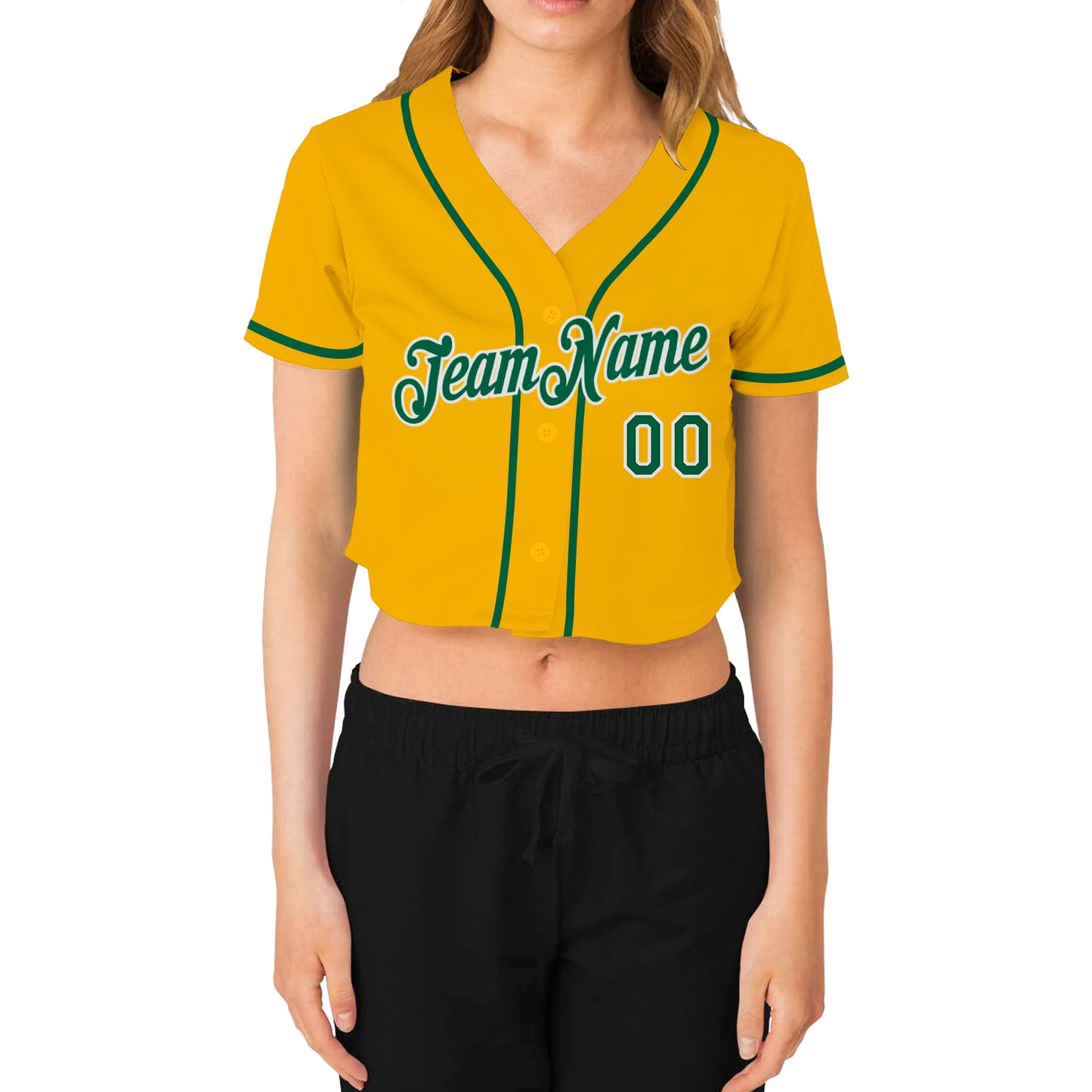 Custom Women's Gold Kelly Green-White V-Neck Cropped Baseball Jersey view 2