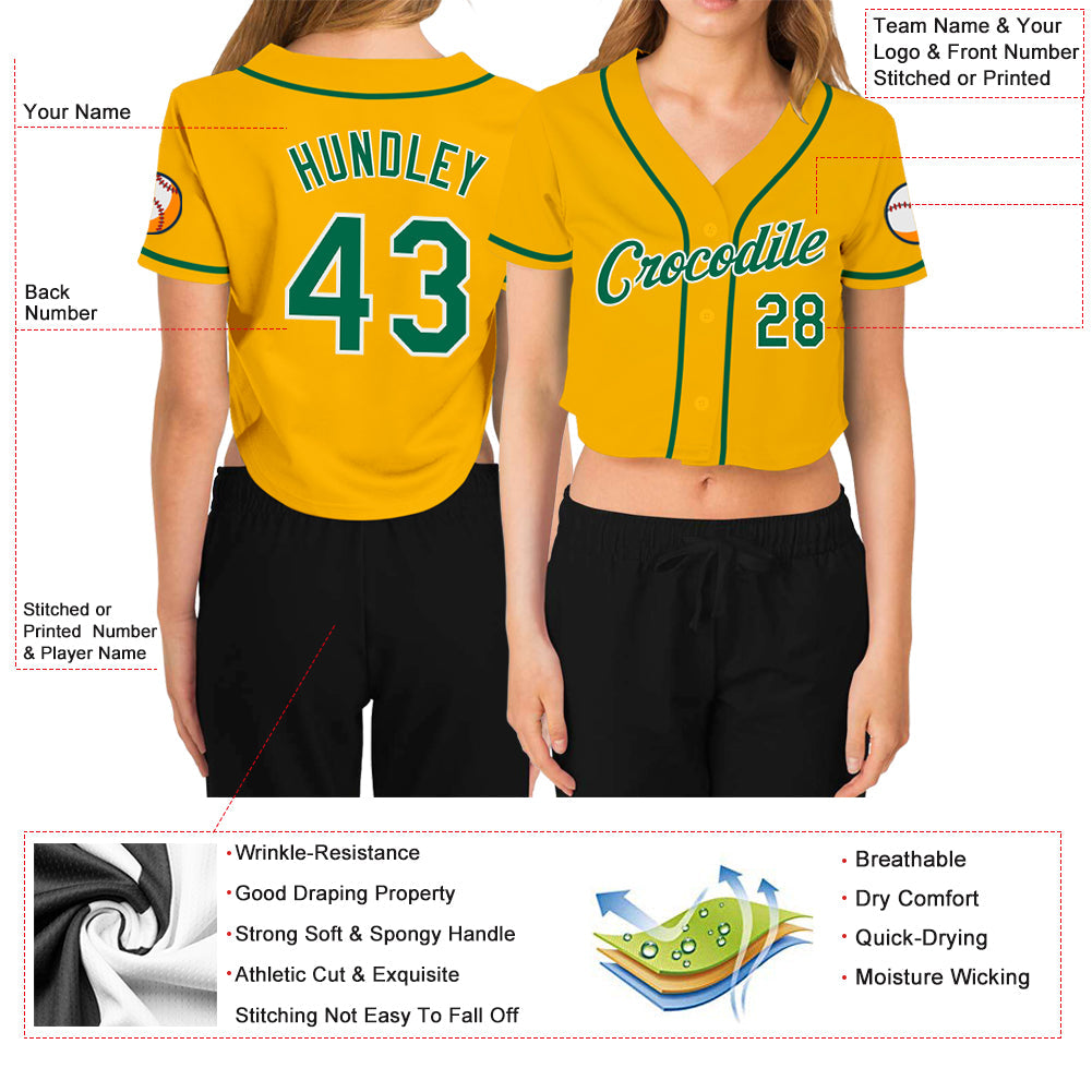Custom Women's Gold Kelly Green-White V-Neck Cropped Baseball Jersey view 3
