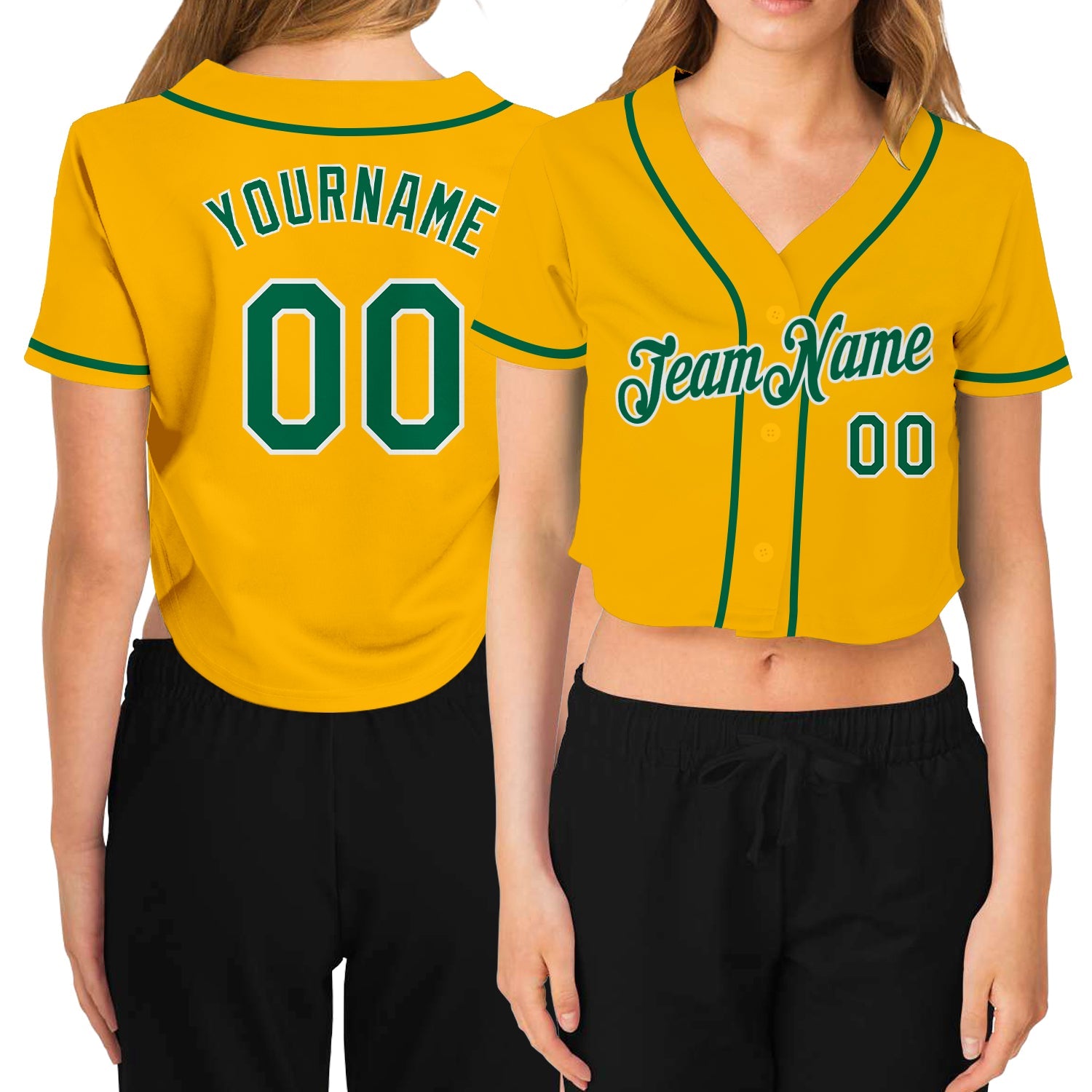 Custom Women's Gold Kelly Green-White V-Neck Cropped Baseball Jersey - Main View