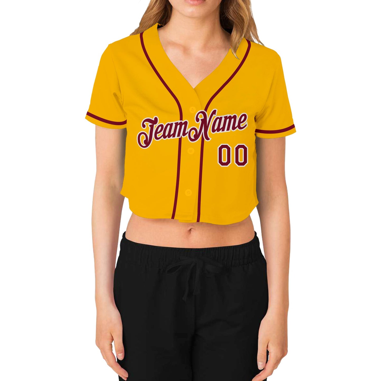 Custom Women's Gold Crimson-White V-Neck Cropped Baseball Jersey view 2