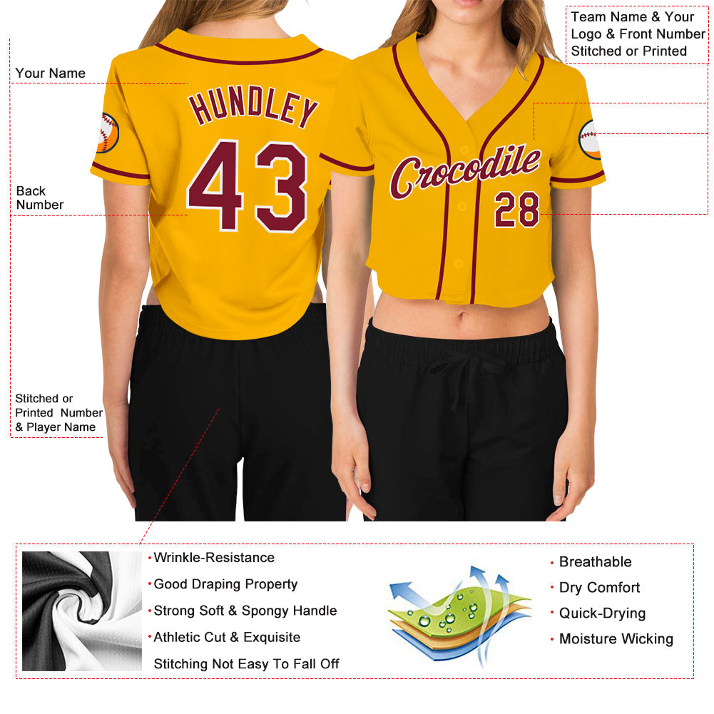 Custom Women's Gold Crimson-White V-Neck Cropped Baseball Jersey view 3