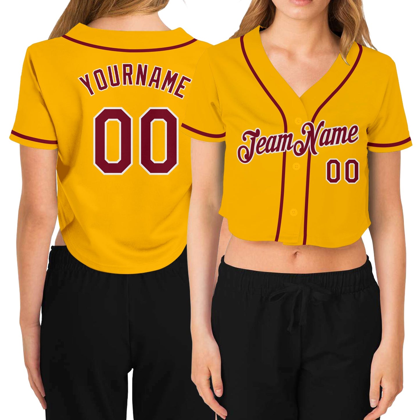 Custom Women's Gold Crimson-White V-Neck Cropped Baseball Jersey - Main View